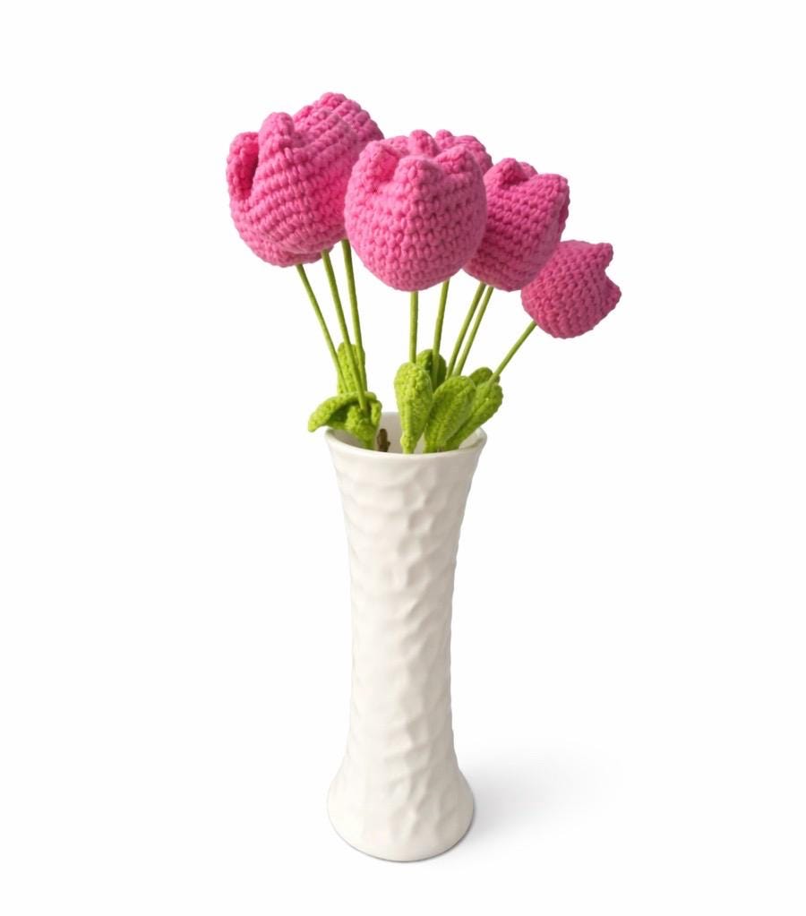Handmade Crochet Pink Tulip Bouquet in White Vase | Everlasting Flower Arrangement