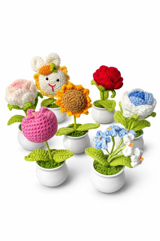 Handmade Crochet Flower Pot Collection – Sunflower, Tulip, Rose Desk Decor