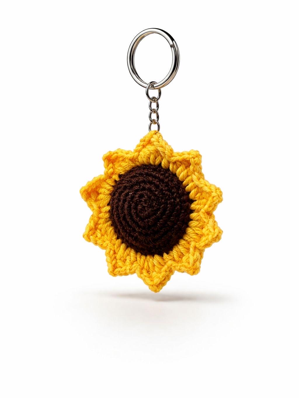 Crocheted Sunflower Keychain | Handmade Floral Bag Charm | Yellow, Brown, Green Yarn Accessory