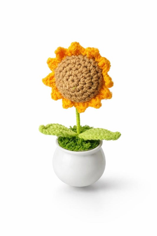 Handmade Crochet Flower Pot Collection – Sunflower, Tulip, Rose Desk Decor