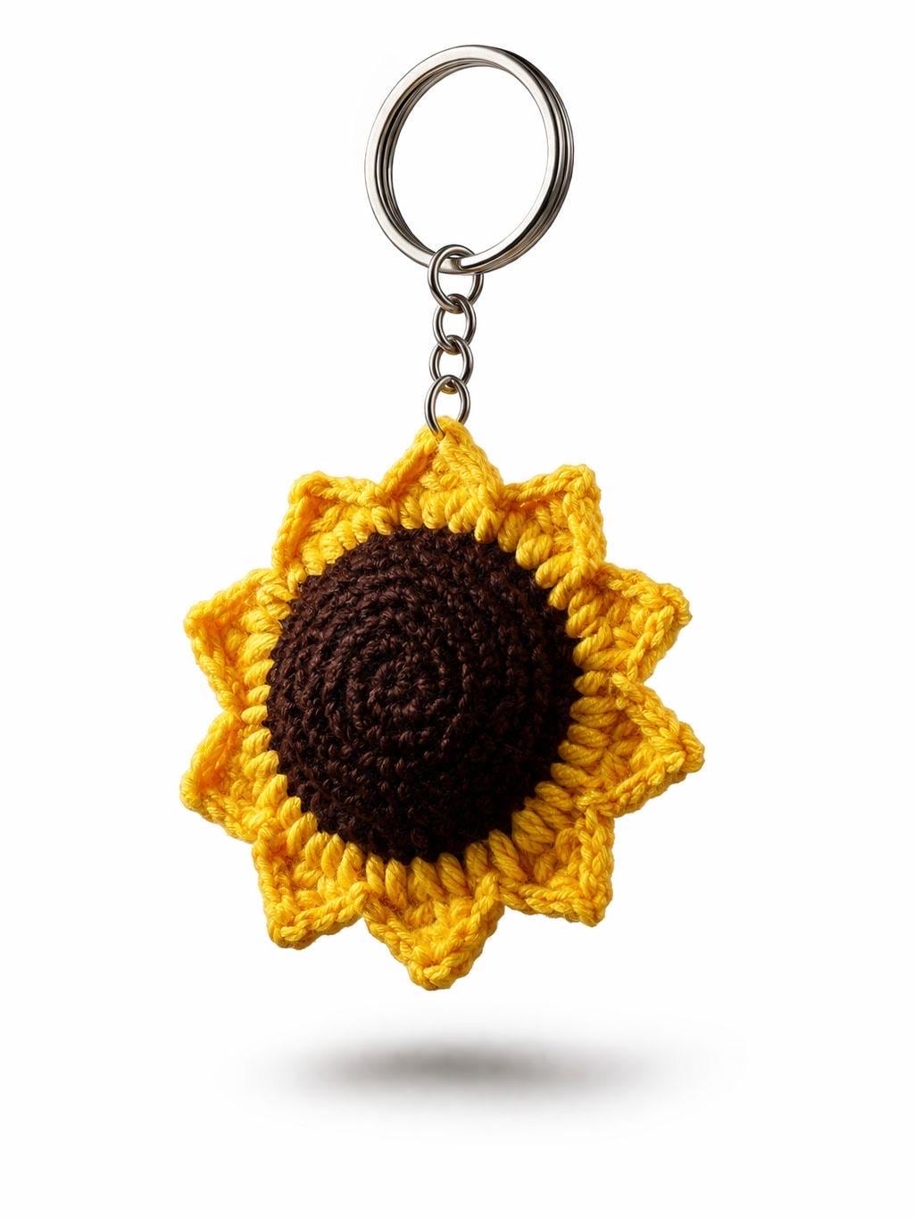 Crocheted Sunflower Keychain | Handmade Floral Bag Charm | Yellow, Brown, Green Yarn Accessory