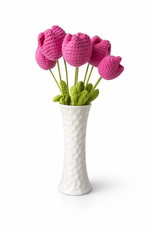 Handmade Crochet Pink Tulip Bouquet in White Vase | Everlasting Flower Arrangement